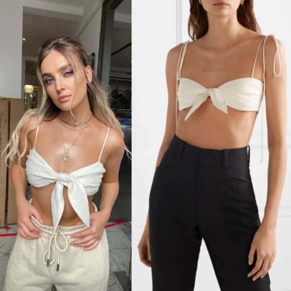 Orseund Iris Cha Cha Ivory Red Stripe Pleated Poplin Tie Front Bra Top NEW L - Picture 9 of 9